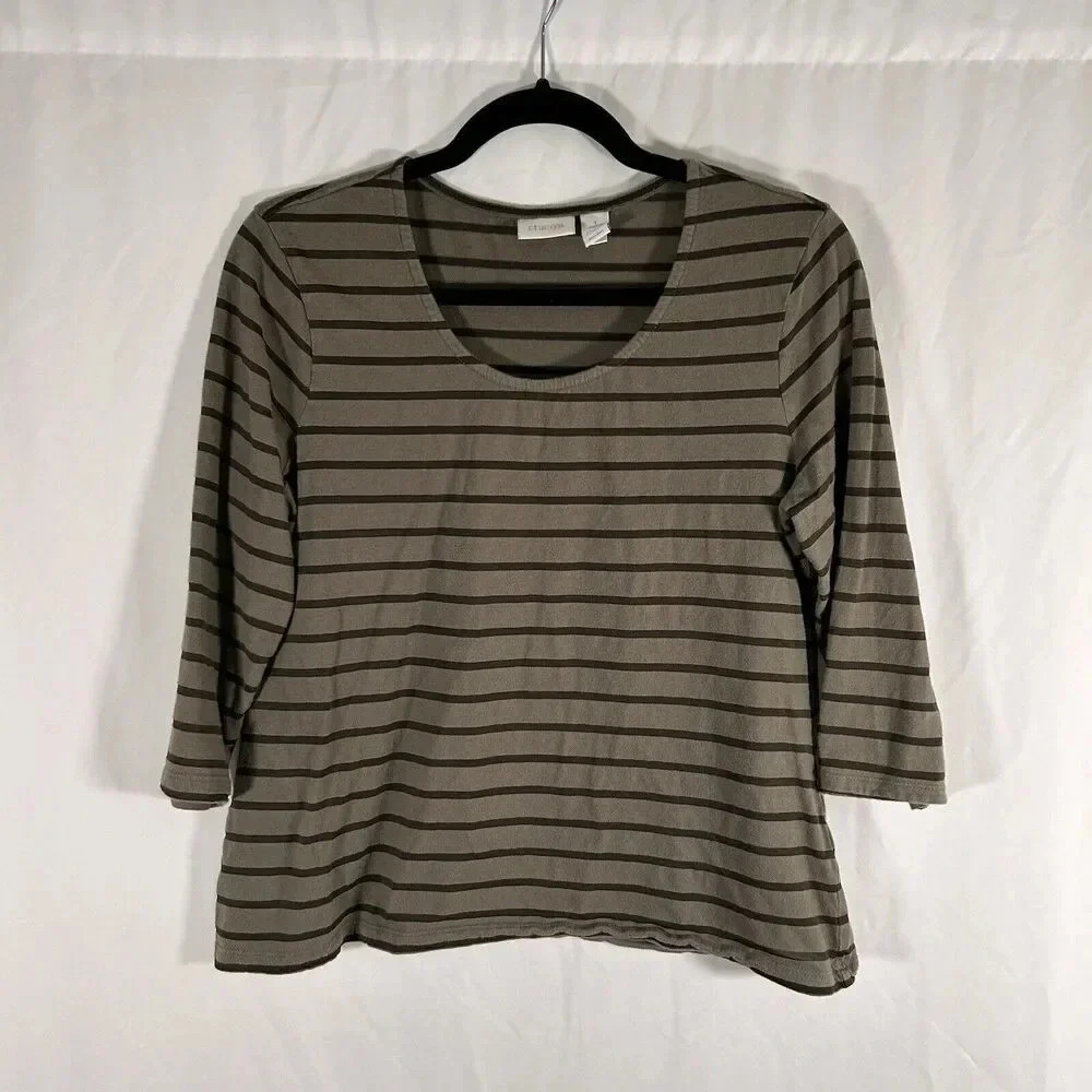 Chico's Blouse Women's Medium Green Striped 3/4 Sleeve Round Neck Cotton Blend